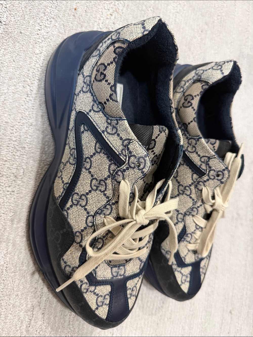 Gucci Beige & Navy GG Monogram Chunky Lace-Up Sneakers